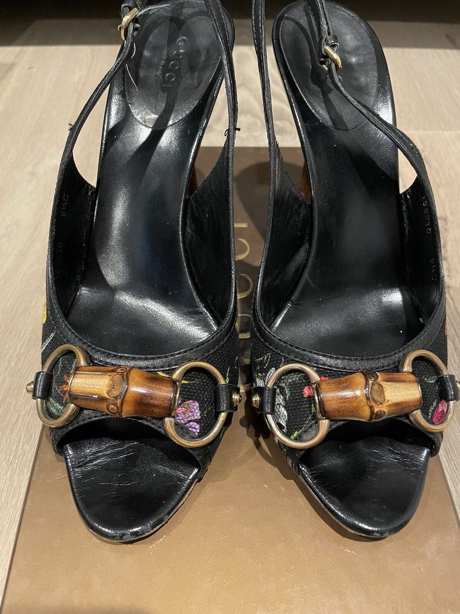 Gucci Women's Black Floral Horsebit Bamboo Slingback Heels