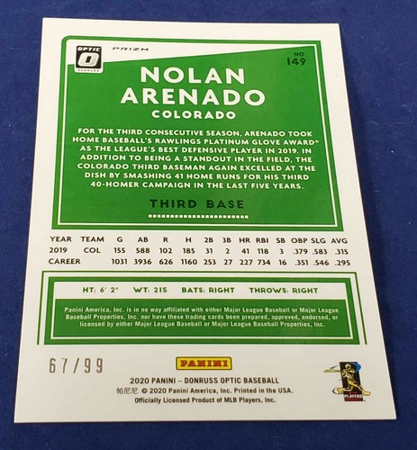2020 Donruss Optic FOTL Colorado Rockies Nolan Arenado #67/99 Silver Prizm Card - Picture 2 of 2