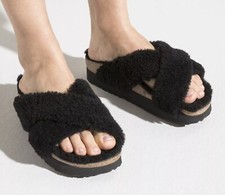 New Women's BIRKENSTOCK PAPILLIO Black Daytona Shearling Teddy Sandals Size 10