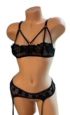 2PC Black Lace Sheer Garter Belt  Black Lace Sheer Bra Women  s NOS