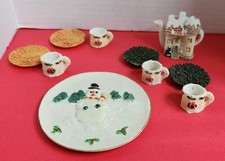 Vintage 11 Pc 1997 SNOWMAN CHRISTMAS Colorful Novelty 3D Resin Mini Tea Set HTF
