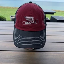 Dekalb Logo in Silver on Maroon Black Truckers Hat. White top stitch Hook Loop