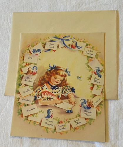 Sweet Unused 40s Unbranded Birthday Greeting Card Girl Writing Letters W Env.