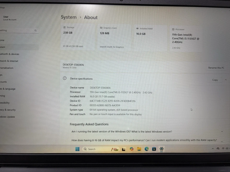 Dell Vostro 15 3510 Laptop i5-1135G7 16GB RAM 256GB SSD Windows 11 Pro READ - Image 4 of 4
