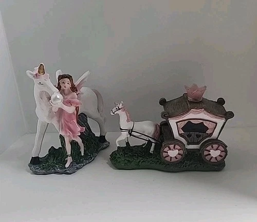 Fairy Garden Horse Carriage, Fairy Garden Fairy W/ Unicorn Holding Pearl