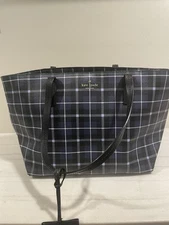 Kate Spade New York PVC Check Tote Bag Blue/Black A4 Storage Shoulder