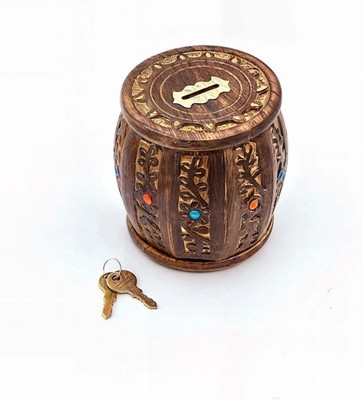 Handmade Wooden Barrel Money Piggy Bank Coin Box Birthday Gifts for Kids, 1 Pcs