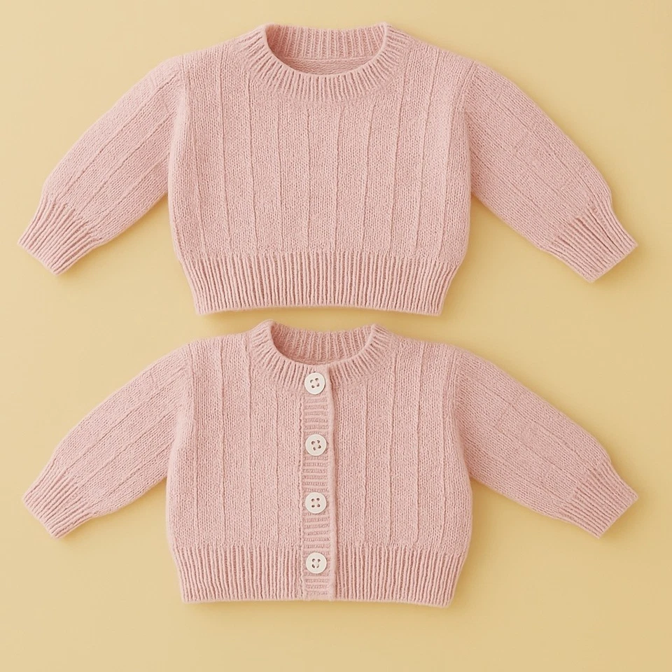 Easy Knit Baby Cardigan and Sweater Set Knitting Pattern Only DK 6m 1 year Pink