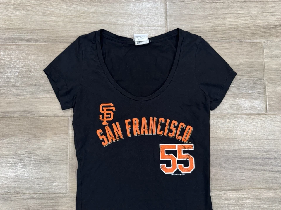 Camiseta para mujer Tim Lincecum de los Gigantes de San Francisco PEQUEÑA/MEDIANA DELGADA #55 negra Foto 4 de 4
