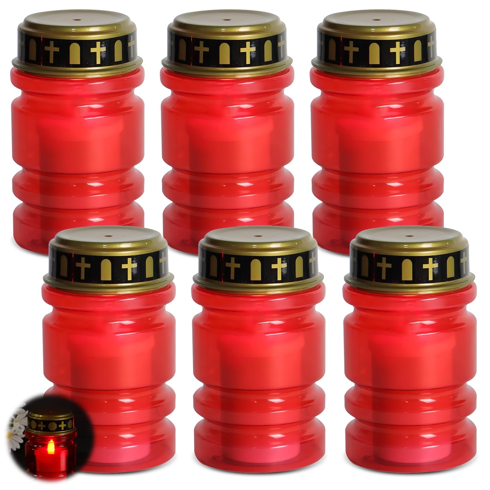6 bougies funéraires LED rouges IP44 extérieures pour sépulture et souvenir