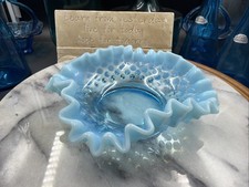 Vintage Fenton Style Blue Opalescent Hobnail Ruffled Glass Bowl 365 Reactive