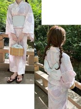 Authentic Japanese Yukata 2pc Set Pink Floral Pale Tone Feminine New One Size
