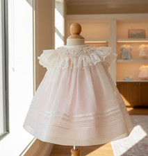 NWT Will'beth Ivory Pink Sheer Pearl Smocked Bishop Dress 3 Months Baby Girls 3M
