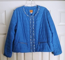 Ruby Road Womens Blue Quilted Lightwt Puffer Jacket Zip Front Silver Beads