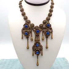 Victorian Revival Brass Blue Crystal Dangle Drop 16" Medallion Chain Necklace
