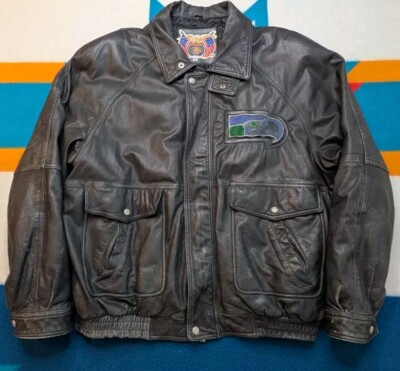 Vintage Seattle Seahawks Leather Bomber Jacket JH Design Full Zip