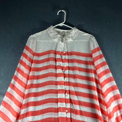 LC Lauren Conrad Women Shirt Size L White Orange Striped Lace Detail Button-Up - Picture 4 of 11