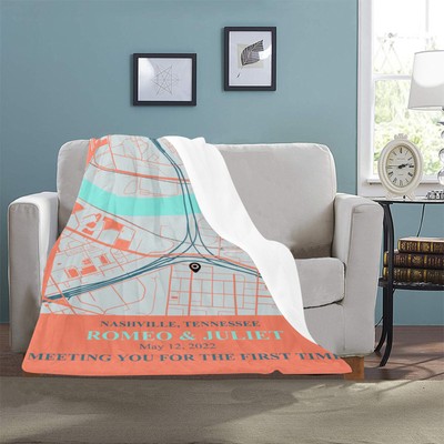 Custom  Teal Coral Turquoise Grey City Maps Blanket, Personalized Maps Blanket