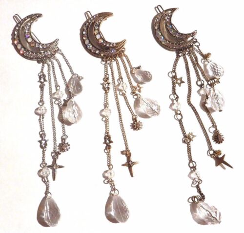 CLIP CHEVEUX CROISSANT DE LUNE chaînes charmes cristal wiccan étoiles perles broche barrette 5Z - Photo 1 sur 7