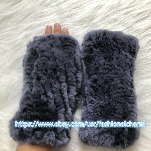 Womens Winter Real Rabbit Fur Gloves Knitted Stretch Fingerless Mitten Gloves - Picture 48 of 102