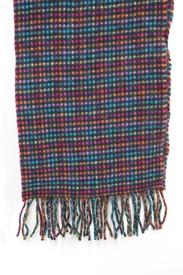 Johnstons Black Multicolor Check Lambswool Unisex Scarf Fringe Scotland 9x66