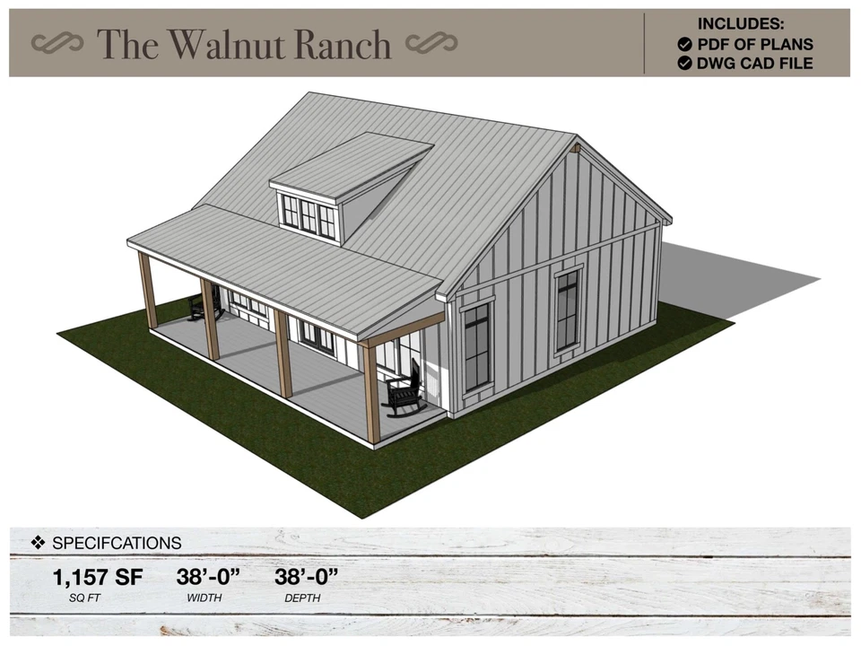 Casa de campo moderna de 1.157 pies cuadrados, 38'-0" x 38'-0", planos de casa, planos de planta Foto 3 de 4