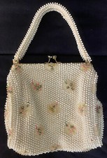 VINTAGE LAMARED CORDE BEAD FLORAL BEADED EVENING PURSE HANDBAG MADE IN USA