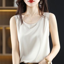 Women Summer Silk Satin Tops Sleeveless Round Neck Tank Pullover Casual Camisole
