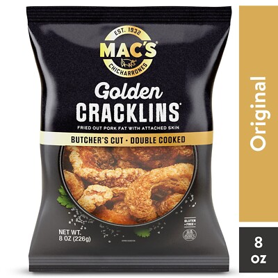 Mac's Chicharrones Golden Pork Cracklins, Fried Pork Fat with Skin, 8 oz Bag New