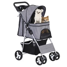 Pet Stroller for Dogs & Cats with 4 Wheels Pet Travel Carrier Dog Stroller Grey