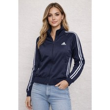 Adidas Womens Track Jacket Navy Blue 3-Stripe Full Zip Mock Neck Medium