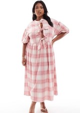 ASOS Curve DESIGN Pink Plaid Curve Puff Sleeve Tie Front Maxi Dress Size 16