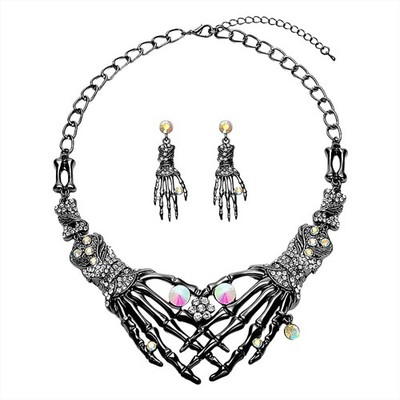 Adjustable Skeleton Hand Necklace&Earrings Black Diamond Punk Dark Romace Gothic