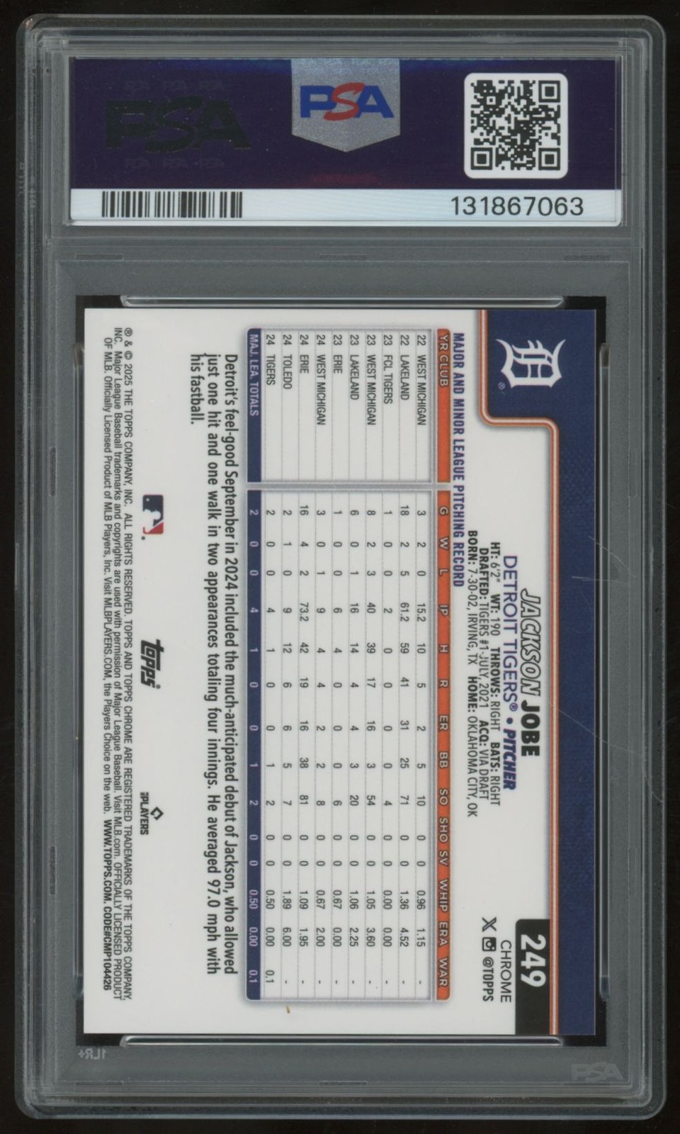 JACKSON JOBE 2025 TOPPS CHROME SAPPHIRE #249 ORANGE 09/25 RC PSA 9 view 2