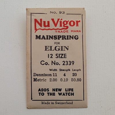 Elgin 12 Size Pocket Watch Mainspring NuVigor No 93 NOS