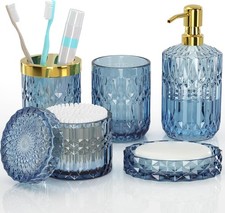 Blue Bathroom Accessories 5 Pcs, Glass Bathroom Accessory Set, Vintage Blue Bath