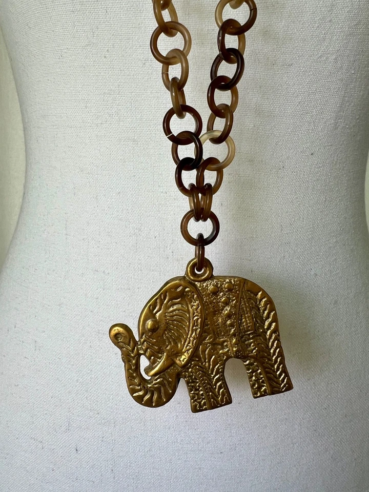 Buffalo Horn Link Necklace with Brass Elephant Pendant 40” Long - Image 4 of 4