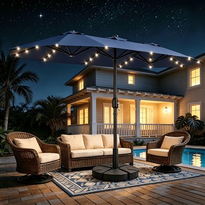 15ft Outdoor Patio Umbrella Double Sided with Stand Base Solar Lights Crank Lift