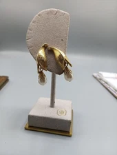 Vintage Emmons Gold Tone Dangling Pearl Lily Of The Valley Clip On Earrings 