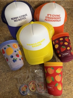 Sonic Drive In Refresher Lineup Promo Merch Trucker Hats Air Fresheners Koozies