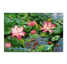 Koi Fish Pond Lotus Leaves Flowers Home Decor Wall Art Hand Painted Oil Painting