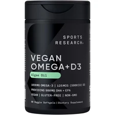 Vegan Omega-3 w/ Vitamin D3 Fish Oil Alternative D Algae Oil 60 Veggie Softgels