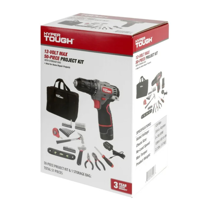 Hyper Tough 12V Cordless 3/8in Drill Driver 50Pc Kit Battery Charger Bag Set