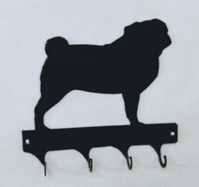 Pug 4 Hook Leash or Key Holder Black Wrought Iron Look Made in USA