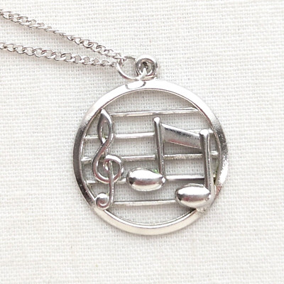 Treble Clef Music Staff Stave Note Pendant Choker Necklace Sterling Silver