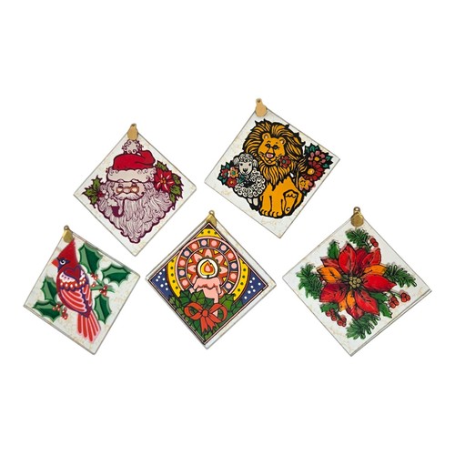 Vntg '79 Current Glass Square Tree Trimmer Ornaments New Santa Lion Cardinal - Picture 3 of 4