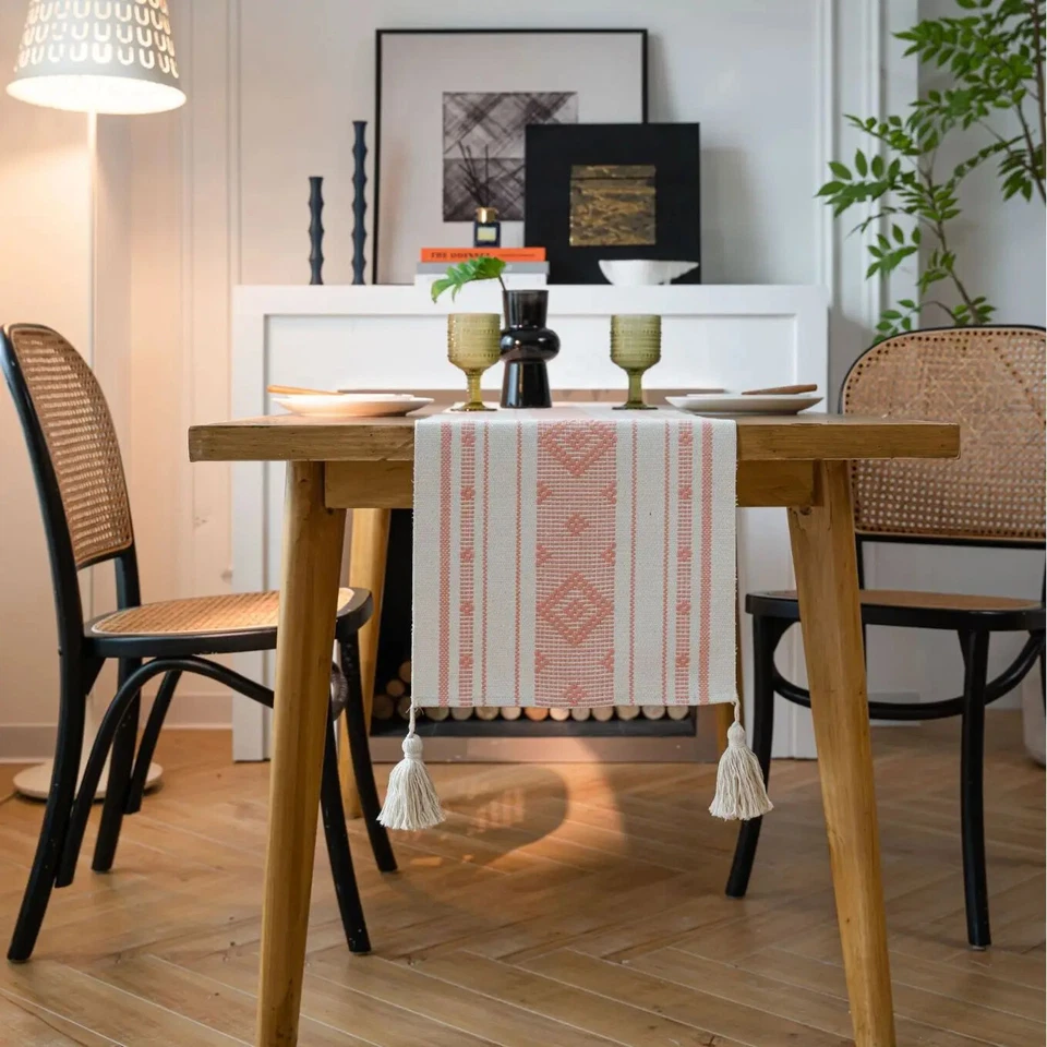 Jacquard Table Runner with Tassel Cotton Thread Geometric Dinning Table Runners - Image 3 of 4