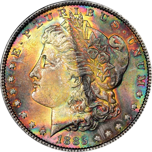 1885  MS63  PCGS - Beautiful End Of Roll Rainbow Toning Morgan Silver Dollar DD