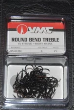 VMC 9650 Round Bend Treble Hooks Size 4 - Pack of 25 9650BN-04 Black Nickel