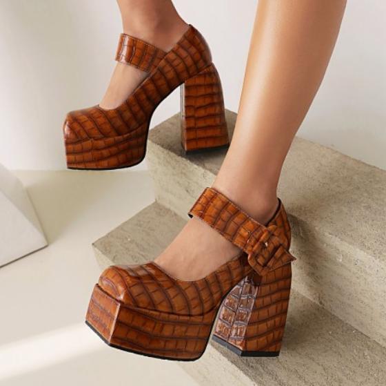 Women's Platform 12cm Chunky Heels Shoes Square Toe Buckle Pumps